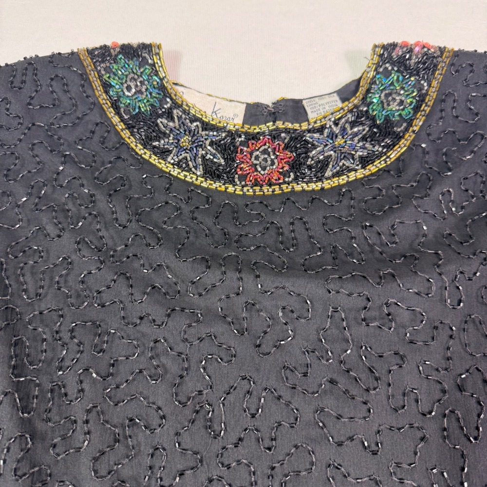 Laurence Kazar Vtg Silk Beaded Top XL Black Sheer Sleeve Evening Cocktail Blouse - Picture 11 of 16